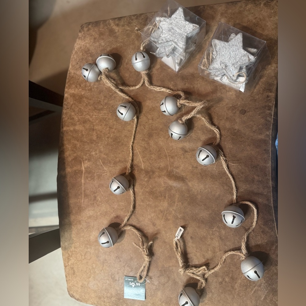 Christmas decor lot- sleighbell garland, 2 packsof rustic wooden star ornaments